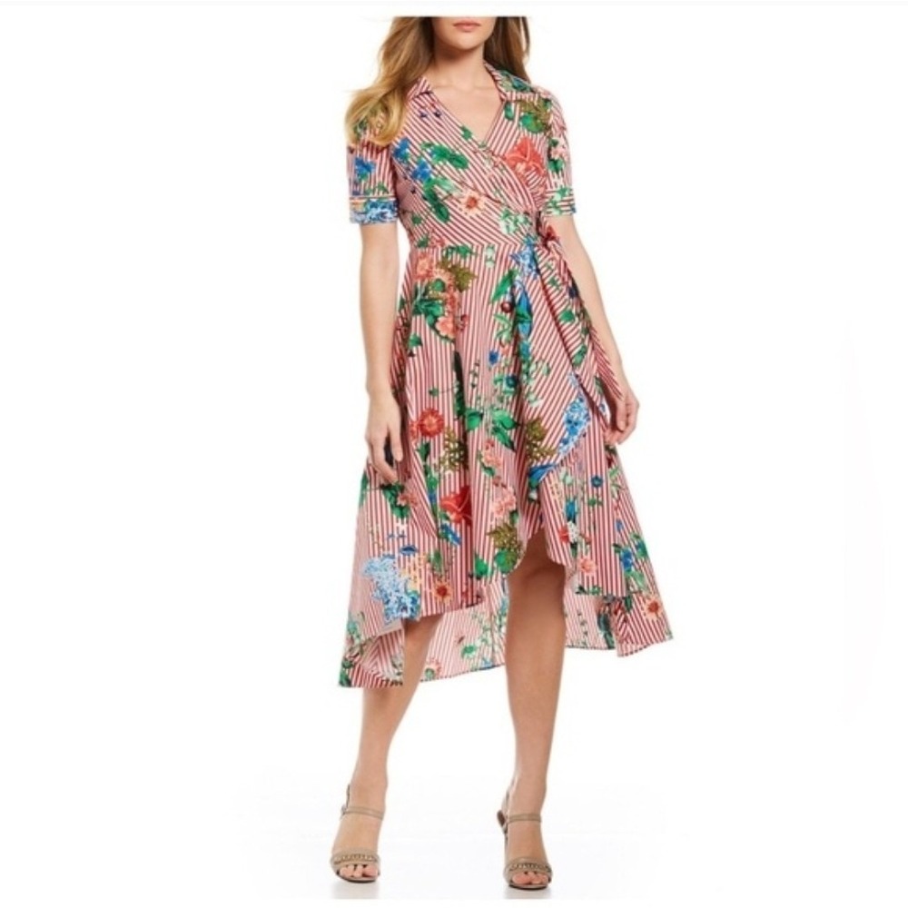 NWOT Calvin Klein Floral striped wrap Dress Size 8 High Low Floral Cotton Midi
